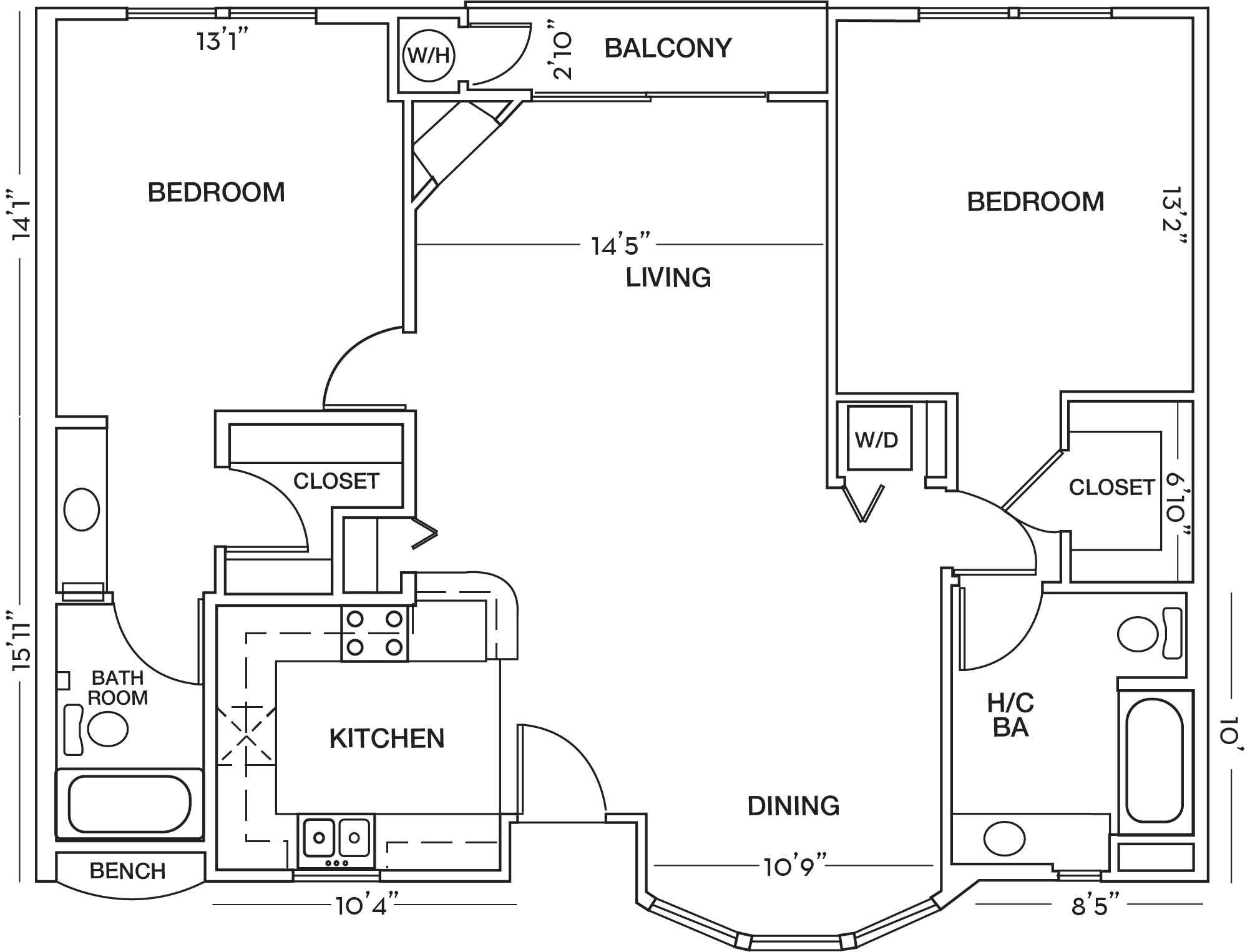 Floor plan for 2 beds, 2 baths, 1142 sqft
